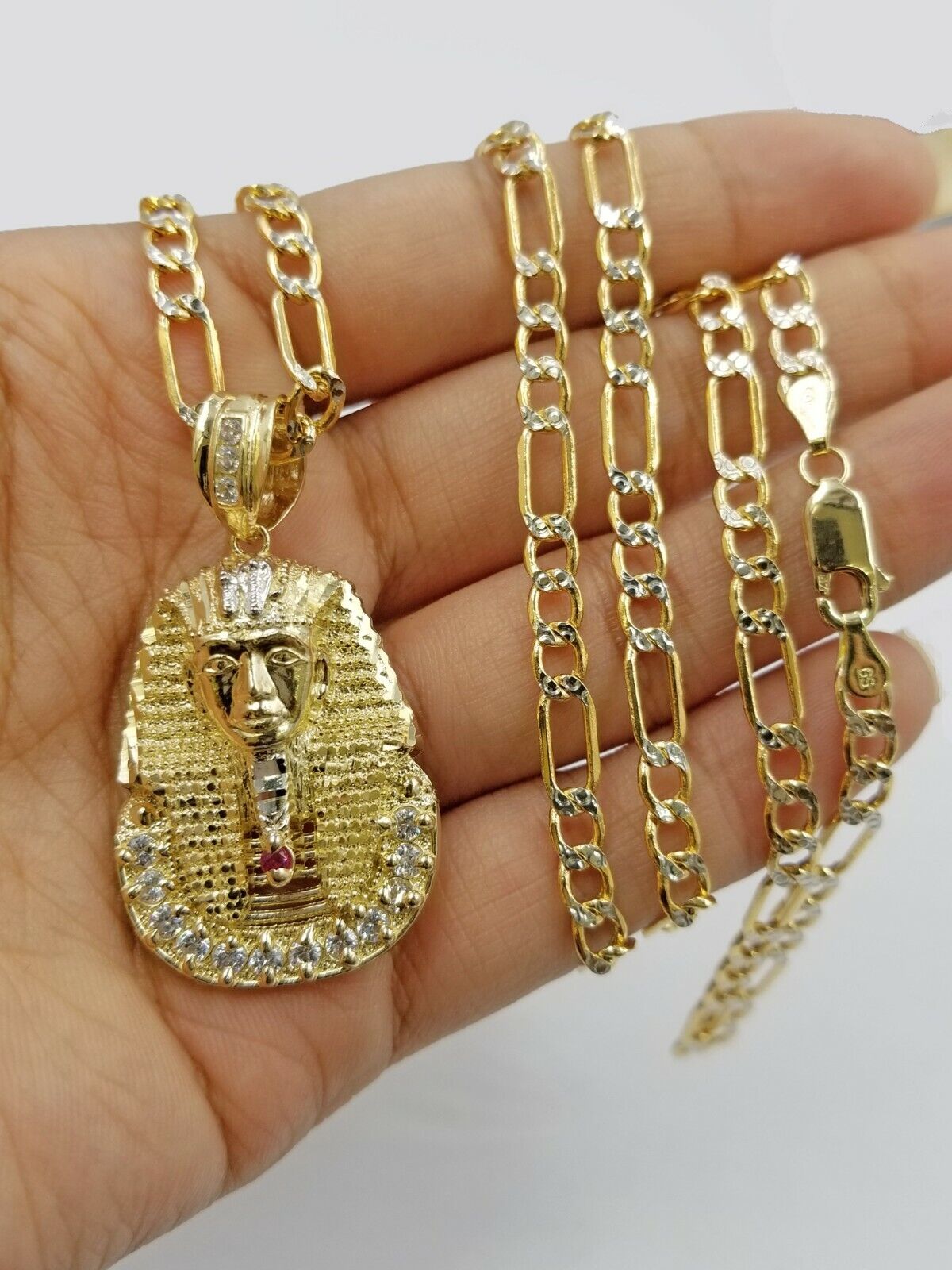 Real 10k Figaro Chain 24" Inch Diamond Cut 1.5 Inch Pharaoh Head Charm Pendant