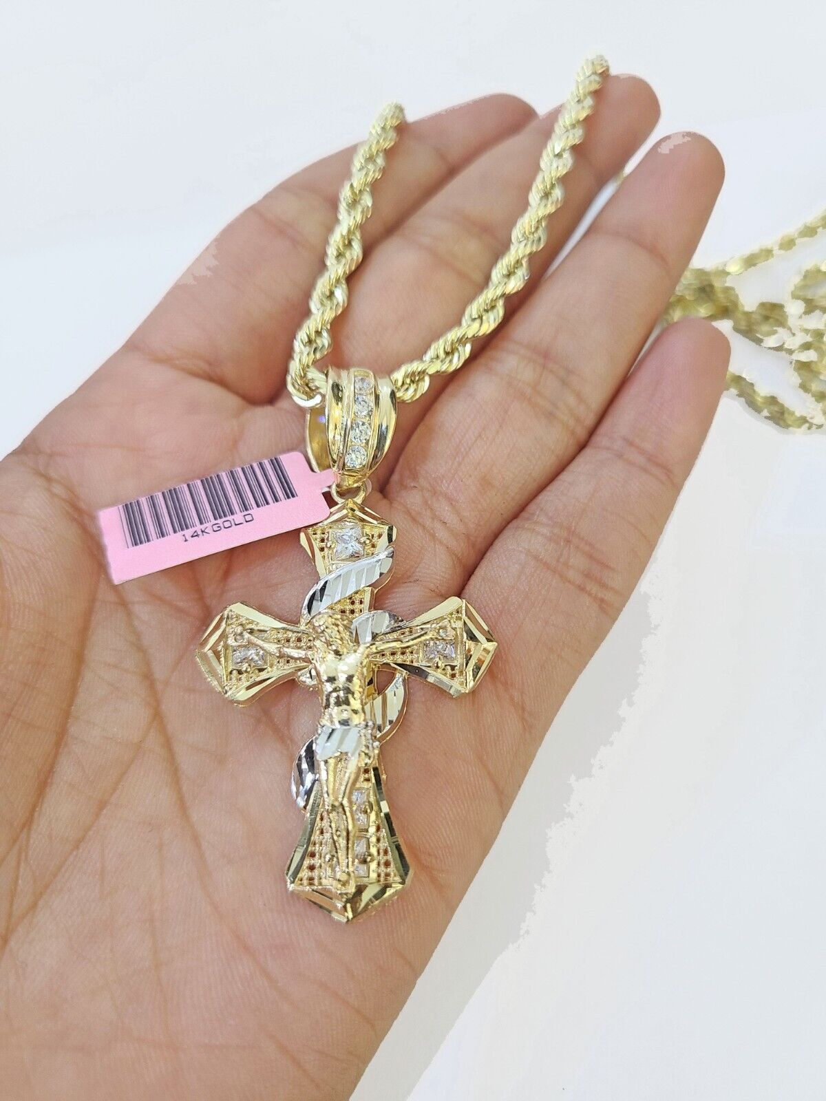 14k Yellow Gold Rope Chain & Jesus Swirl Cross Charm SET 5mm 16Inches Necklace