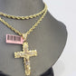 14k Yellow Gold Rope Chain & Jesus Nugget Cross Charm SET 4mm 22 Inches Necklace