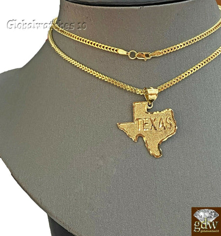 10k Gold Texas Map Charm Pendant with Franco Chain 22" 24" 26" 28" Length Real