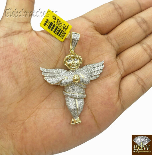 Solid 10k Gold Diamond Mens Praying Angel Charm Pendant real genuine Diamonds