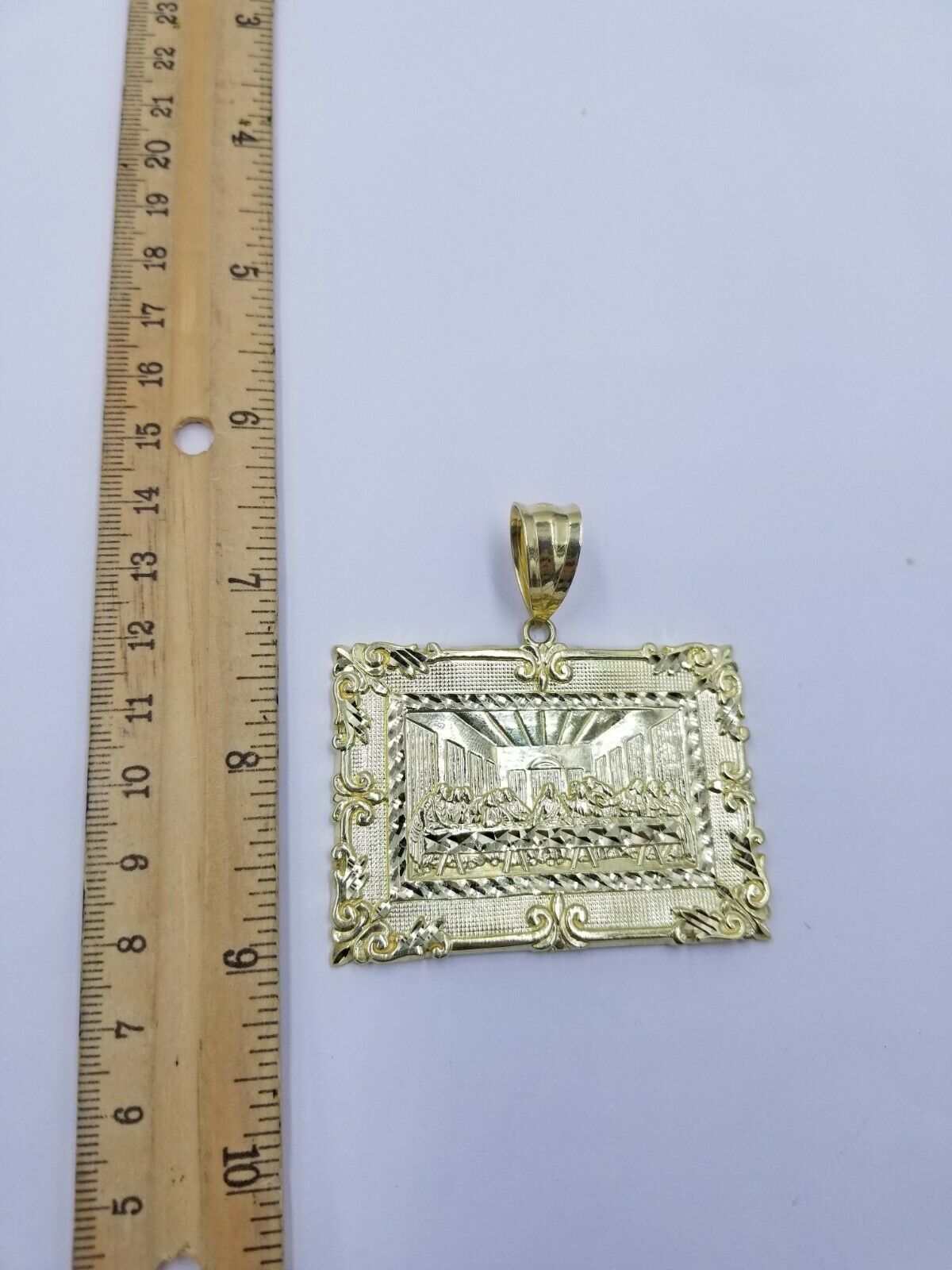 10K Yellow Gold Last Supper Large Pendant 2.5" Charm Diamond Cut Men Women