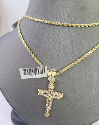 14k Yellow Gold Rope Chain 2.5mm 16Inches & Jesus Nugget Cross Charm SET