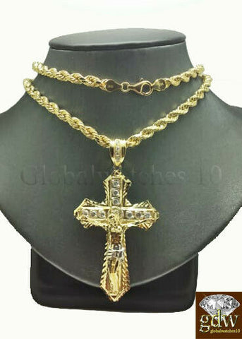 Real 10k Gold Men's Jesus Crucifix Cross Pendent Charm with 28 Inch Rope Chain.