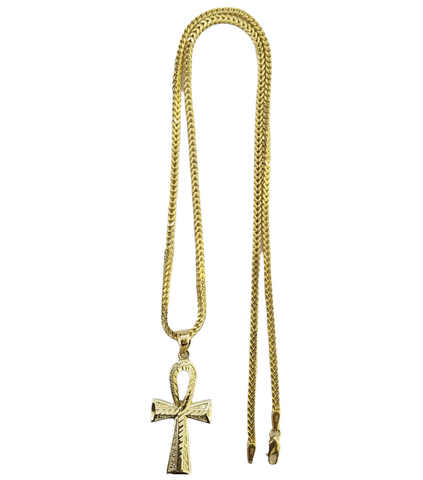Real 10k Gold Ankh Cross Egyptian Symbol Pendent 2mm Franco Chain 18"-30" Inch