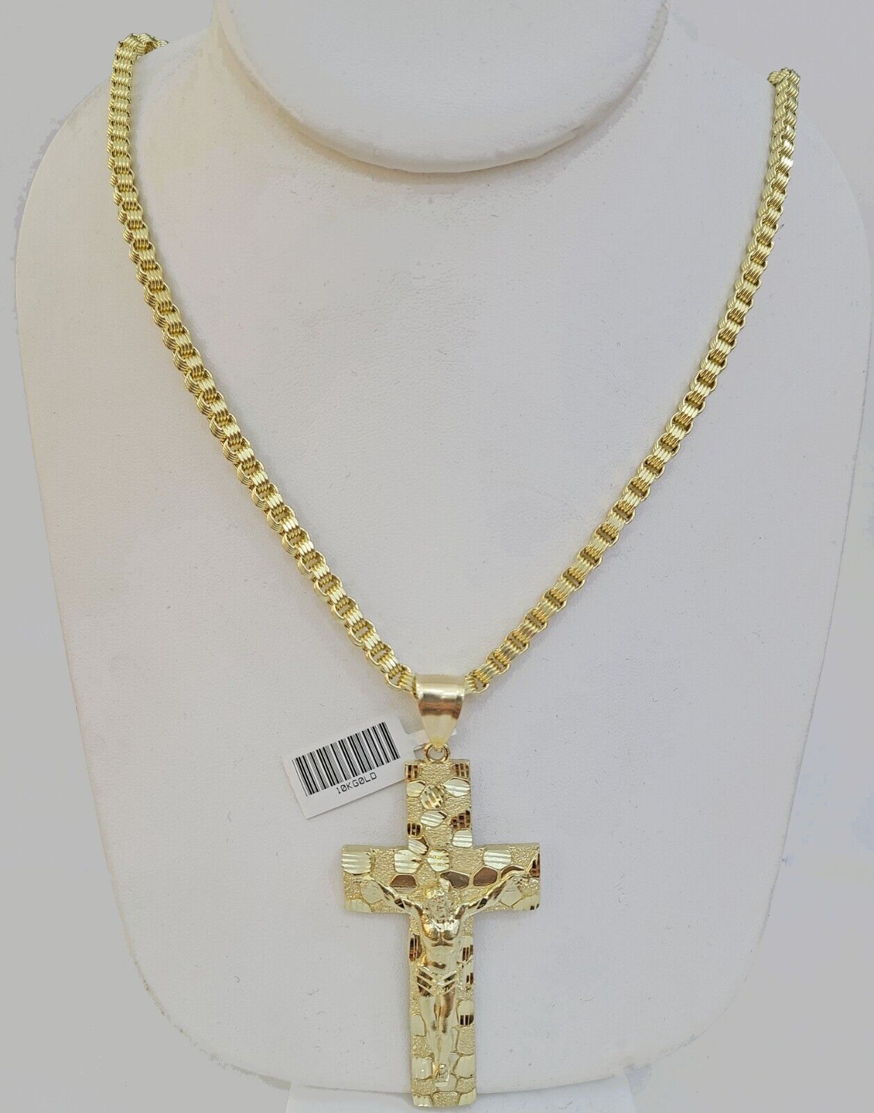 Real 10k Gold Nugget Cross Byzantine Necklace 4mm 20" Chain Charm SET 10kt