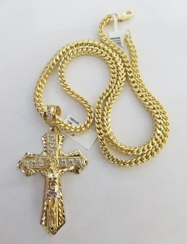 10k Gold Franco chain & 10kt Cross Charm Pendant And Necklace 26" 4-5mm SET REAL