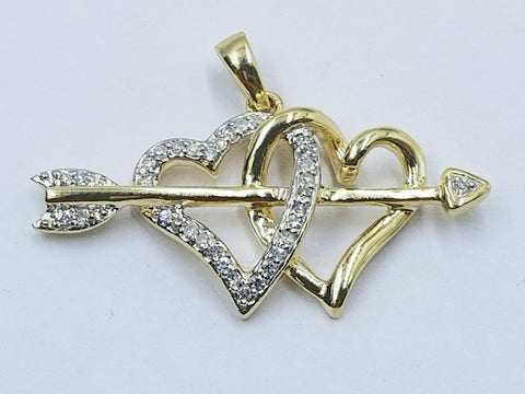 10k Gold Two Hearts Charm Cupids Bow Pendant Real Diamond 2mmRope Chain 18"-28"