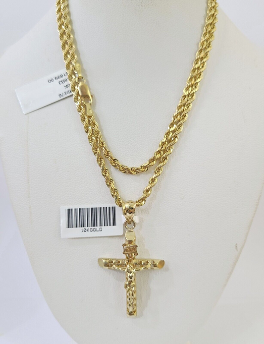 10k Gold INRI Jesus Pendant Rope Chain 3mm 18'' Necklace Set Real Genuine