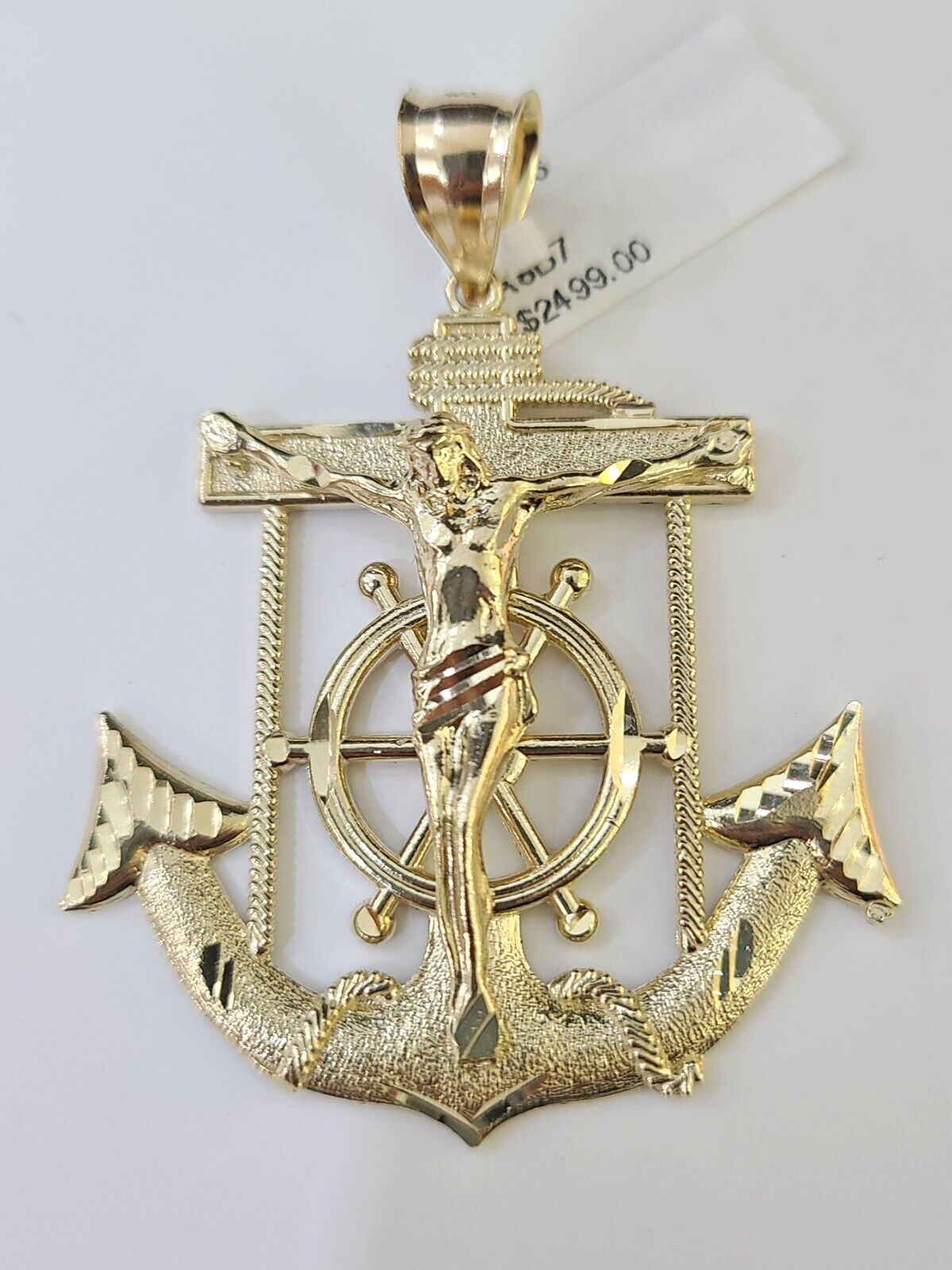 Real 10k Yellow Gold Jesus Crucifix Anchor Pendant Charm with 7mm 22" Rope chain