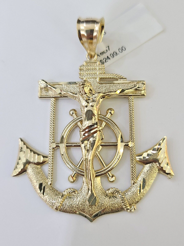 Real 10k Yellow Gold Jesus Crucifix Anchor Pendant Charm with 7mm 22" Rope chain