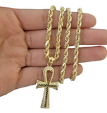 Real 10K Gold Egyptian Ankh Cross Pendent 4mm Rope Chain 18" 20" 22" 24" 26" 28"