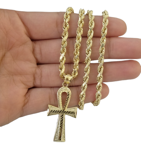 Real 10K Gold Egyptian Ankh Cross Pendent 4mm Rope Chain 18" 20" 22" 24" 26" 28"