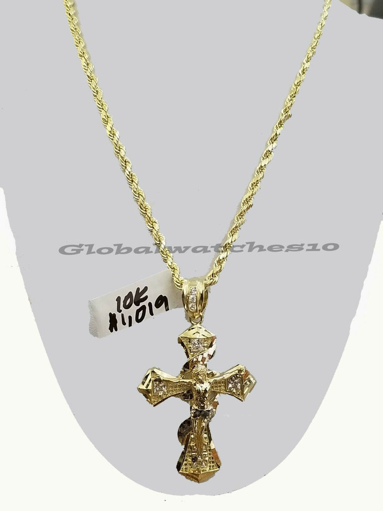 10k Yellow Gold Men Jesus Cross pendant 2" Inch 4mm rope chain 22"