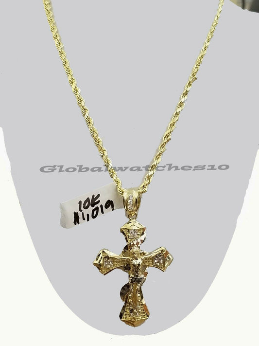 10k Yellow Gold Men Jesus Cross pendant 2" Inch 4mm rope chain 22"