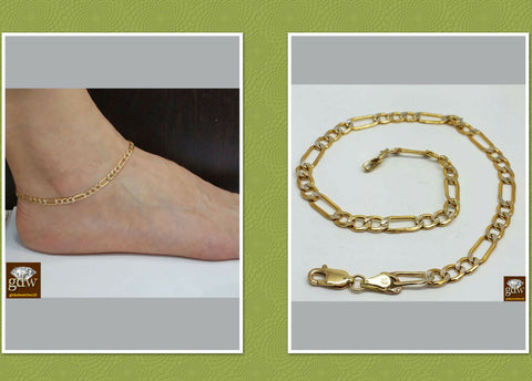 Real 10K Yellow Gold Anklet 10" Inch Diamond Cut Figaro Link Ladies 4mm Lobster