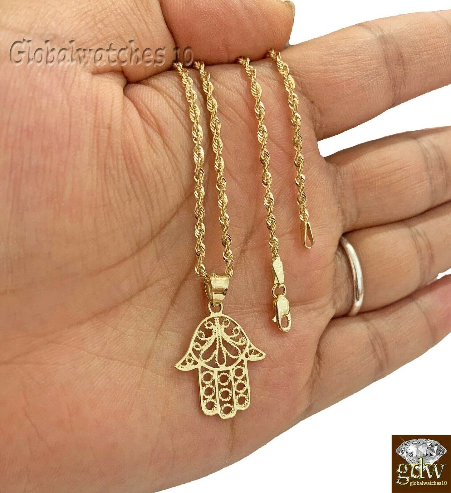 10k Gold Hamsa Hand Charm Pendant Rope Chain 18 20 24 26 Inch Real