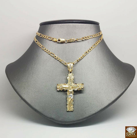 Real 10k Yellow Gold Figaro Chain With 10k Jesus Cross pendant, 20"-28" Necklace
