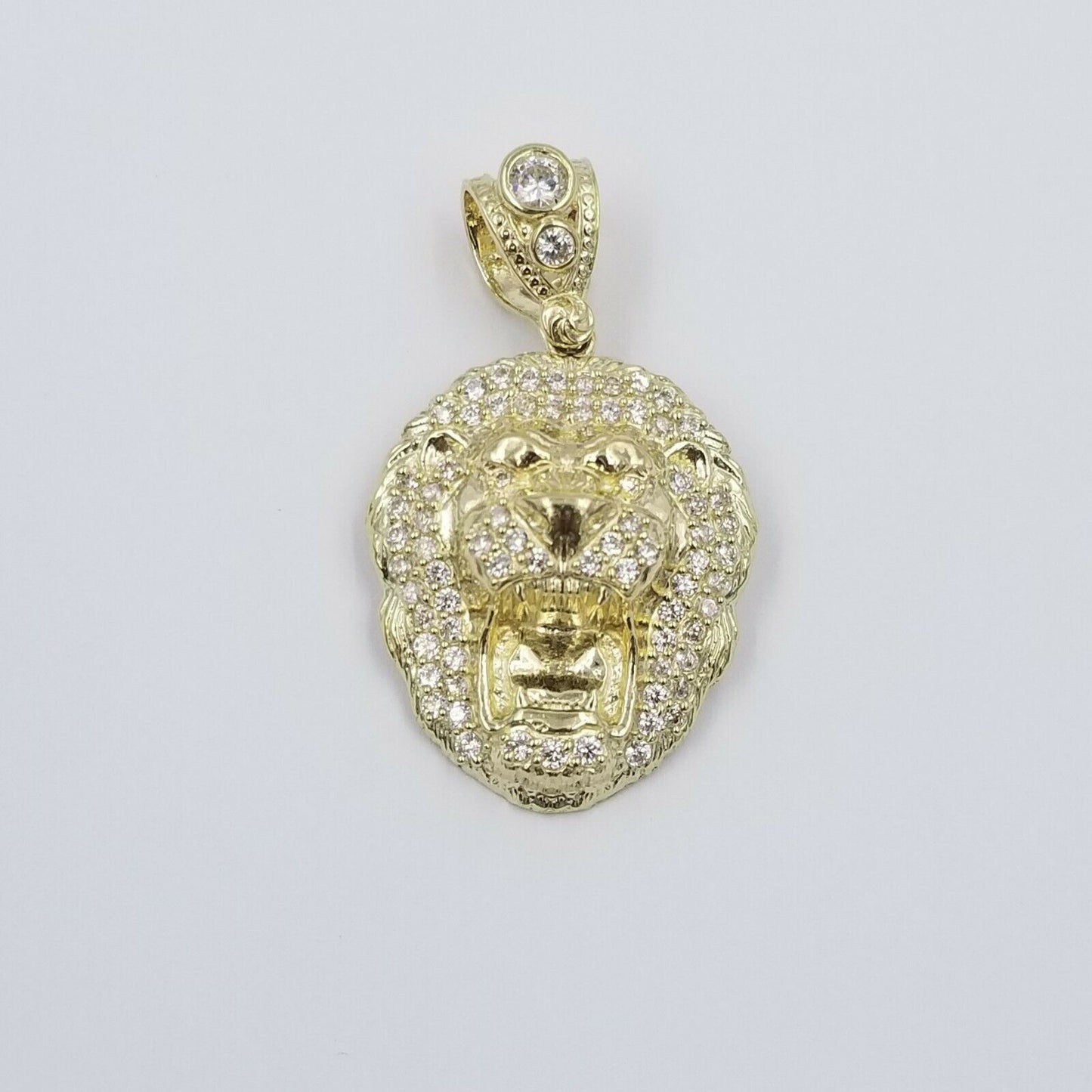 10k Yellow Gold Roaring Lion Head Charm Pendent With 3mm Rope Chain 20 22 24