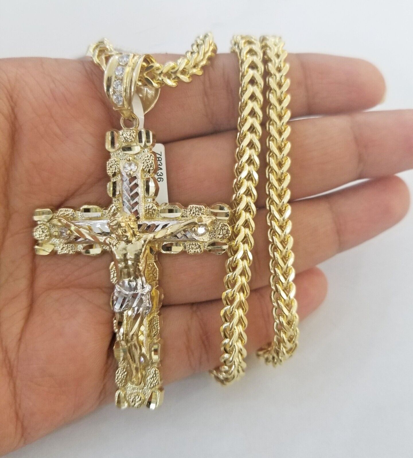 Real 10k Gold Nugget Cross Pendant Franco Necklace 4mm 24" Chain Charm  SET 10kt