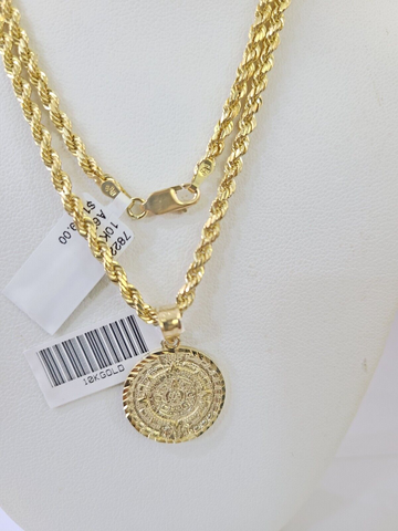 10k Gold Mayan Calendar Pendant Rope Chain 3mm 18'' Necklace Set Real Yellow