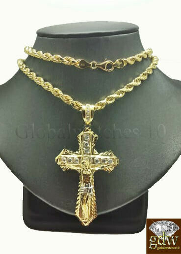 Real 10k Gold Men's Jesus Crucifix Cross Pendent Charm, 26 Inch Rope Chain,Cuban