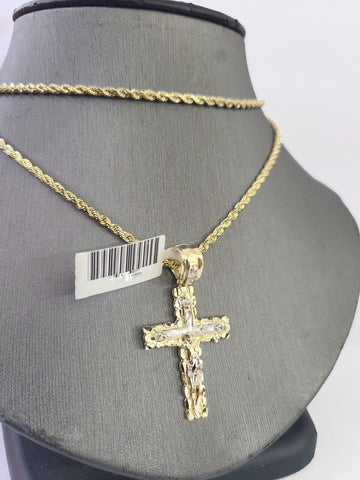 14k Yellow Gold Rope Chain 2.5mm 18Inches & Jesus Nugget Cross Charm SET