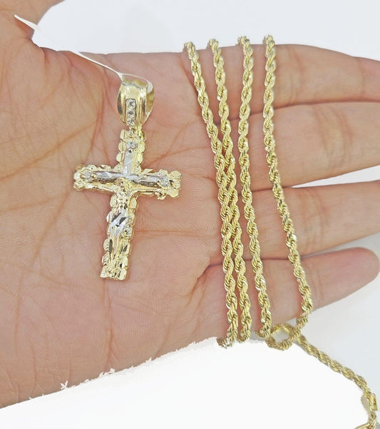 14k Yellow Gold Rope Chain 2.5mm 24Inches & Jesus Nugget Cross Charm SET