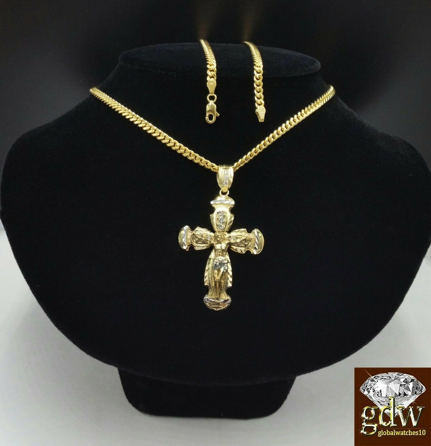 10k Yellow Gold  nugget Cross 26"  Inches Miami Cuban Chain