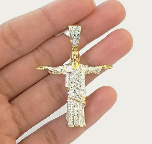 10K Yellow Gold Real Diamond Jesus Cross Pendent Charm Religious Holy