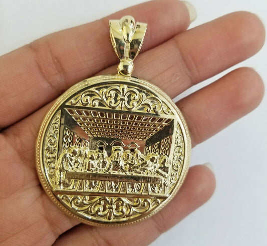 10k yellow gold round last supper charm with 22inch figro chain, 4mm Real 10kt