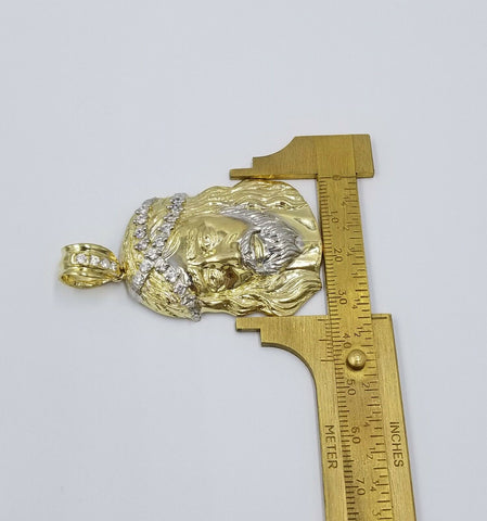 REAL 10k Yellow White Gold Jesus Head Charm Pendant Diamond Cut 2.25" 35mm Men