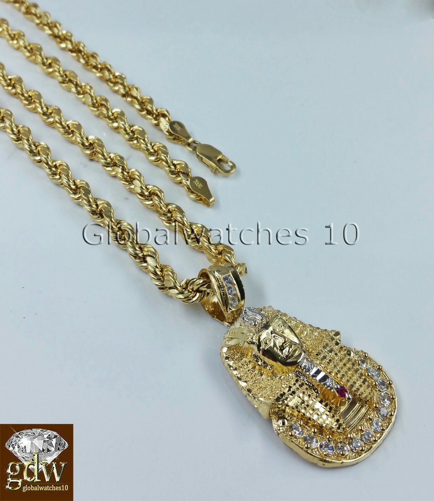 Men's Real 10k Yellow Gold 24 Inch Rope Chain with Egyptian Pharaoh Head Charm.