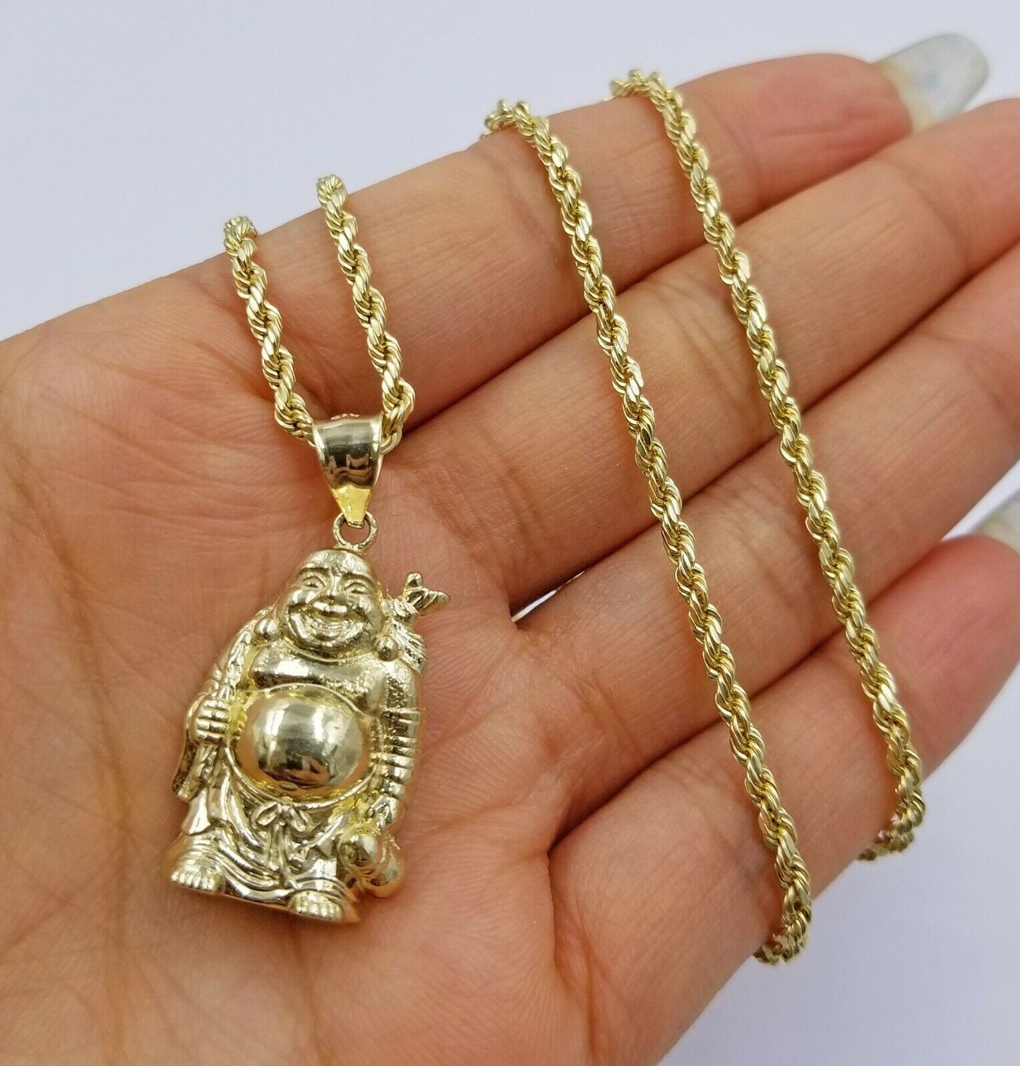 10k Gold Laughing Buddha Lucky Charm Pendant Rope Chain REAL 3mm, 18 20 22 24 26