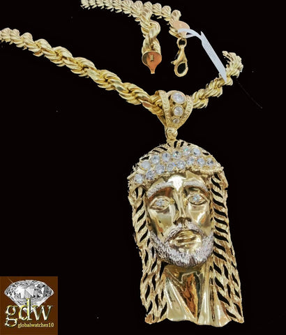 10k Real Yellow Gold Men Jesus Head Charm 24" Inche Rope Chain Cross
