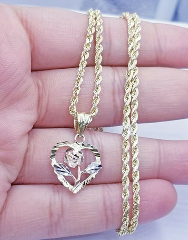 Real 10K Yellow Gold Flower Heart Pendant Charm Floral Women Diamond Cut