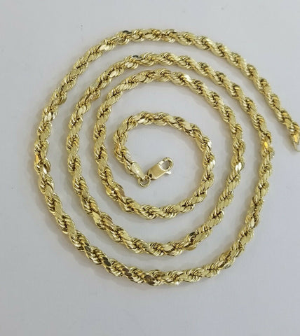 REAL 10K Yellow Gold Rope Chain Necklace Diamond Cuts 4mm 22" Men Women 10kt