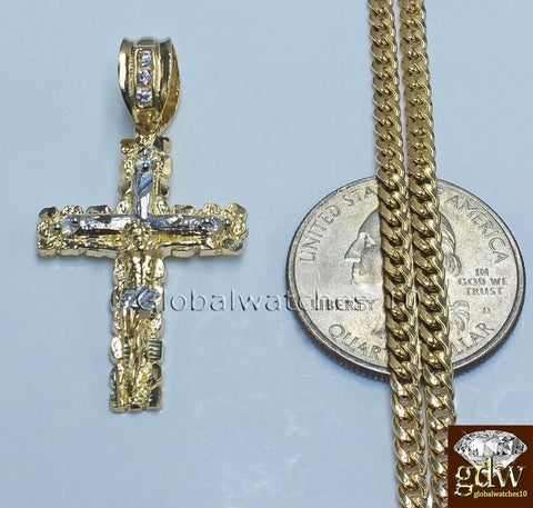 10k Yellow Gold Jesus Cross Charm Pendant 10K 24" Miami Cuban Chain SET Real