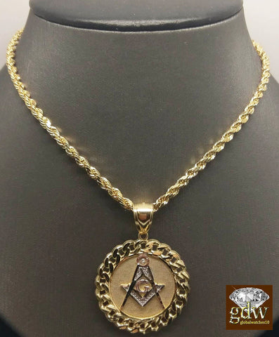 REAL 10k Yellow Gold 30 Inch Rope Chain Necklace&10k Cuban Masonic Charm Pendent