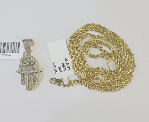 10k Yellow Gold & Diamond Hamsa Hand Charm and 16" inches Rope Chain