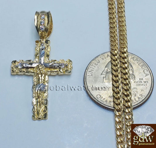 10k Yellow Gold Jesus Cross Charm Pendant 10K 22" Miami Cuban Chain SET Real