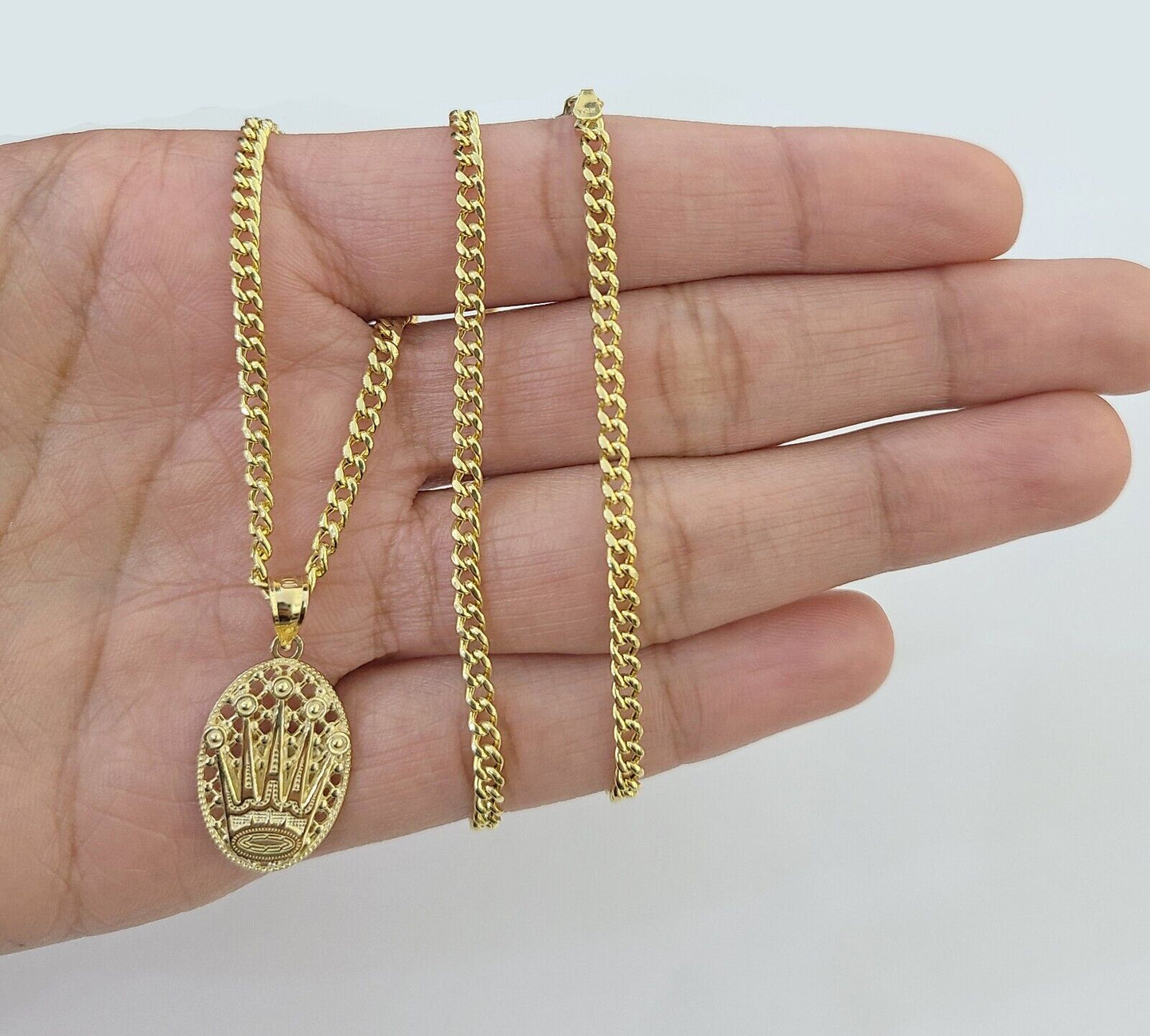 10K Yellow Gold Crown Pendent Charm 3mm Miami Cubn Chain 18" 20" 22" 24" 26"Inch