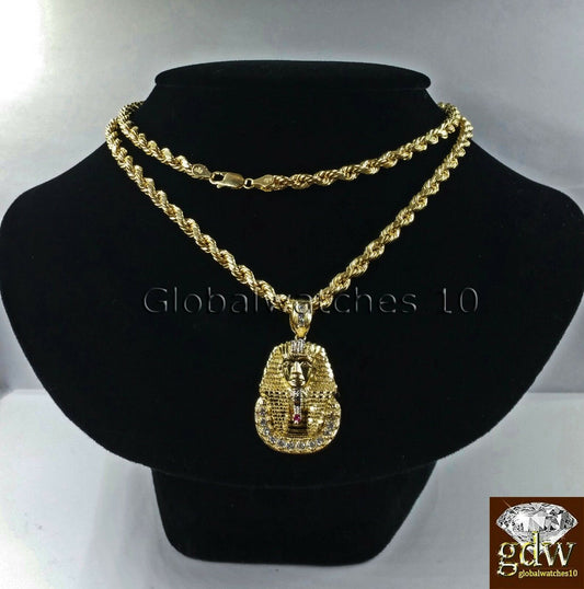 Men's Real 10k Yellow Gold 24 Inch Rope Chain with Egyptian Pharaoh Head Charm.