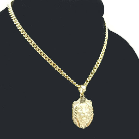 10k Yellow Gold Lion Head Charm Pendent 3mm Miami Cuban Chain 18" 20" 22" 24"