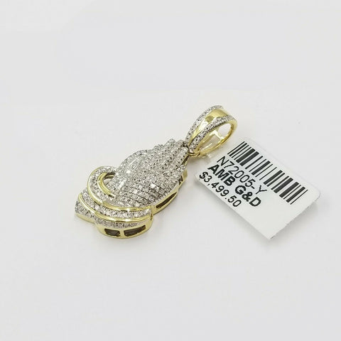 REAL 10K Yellow Gold Praying Hands Diamond Pendant Pave Charm 0.48CT 1.25"