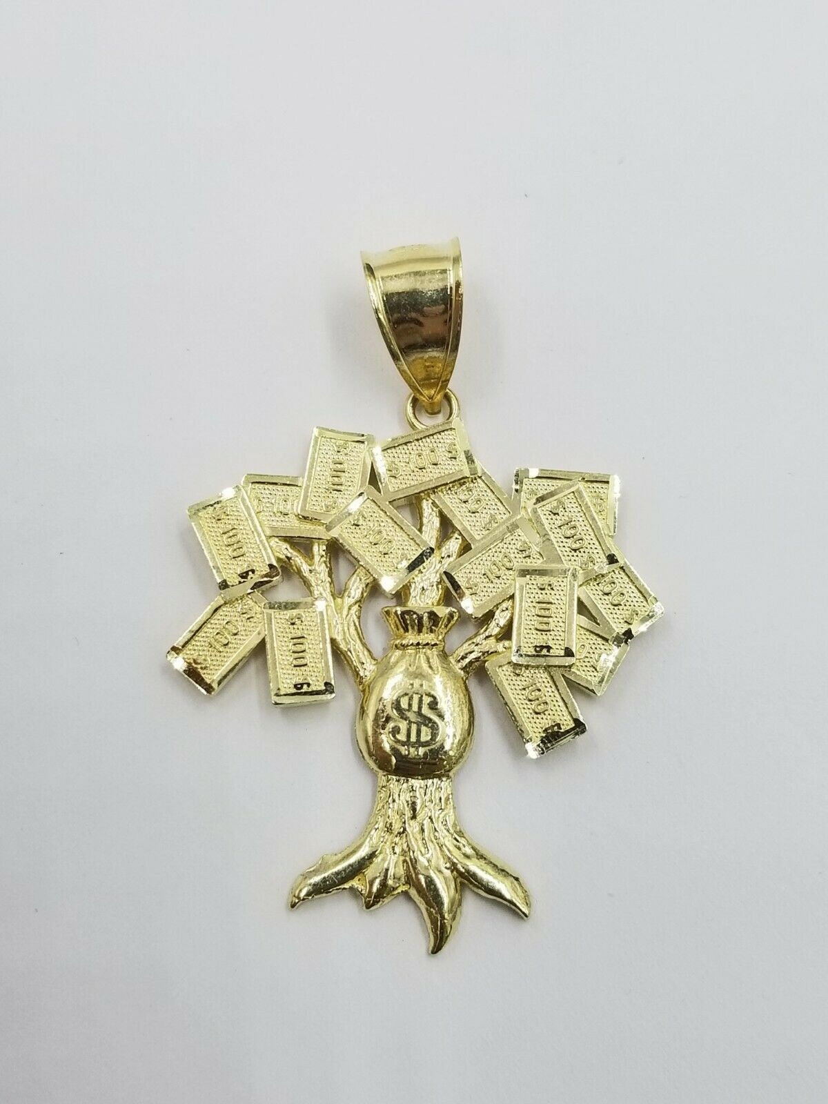 Real 10k Yellow Gold Lucky $100 Dollar Bag Charm Money Tree Pendant Men Women