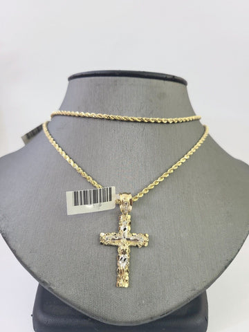 14k Yellow Gold Rope Chain 2.5mm 18Inches & Jesus Nugget Cross Charm SET