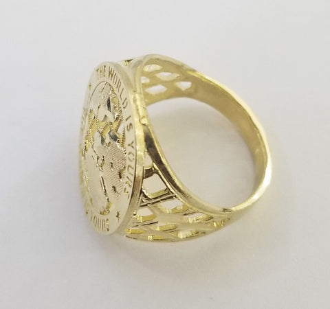 10k Real Yellow Gold The World is Yours Map Ring Men Sizable Band, 10k Gold Men