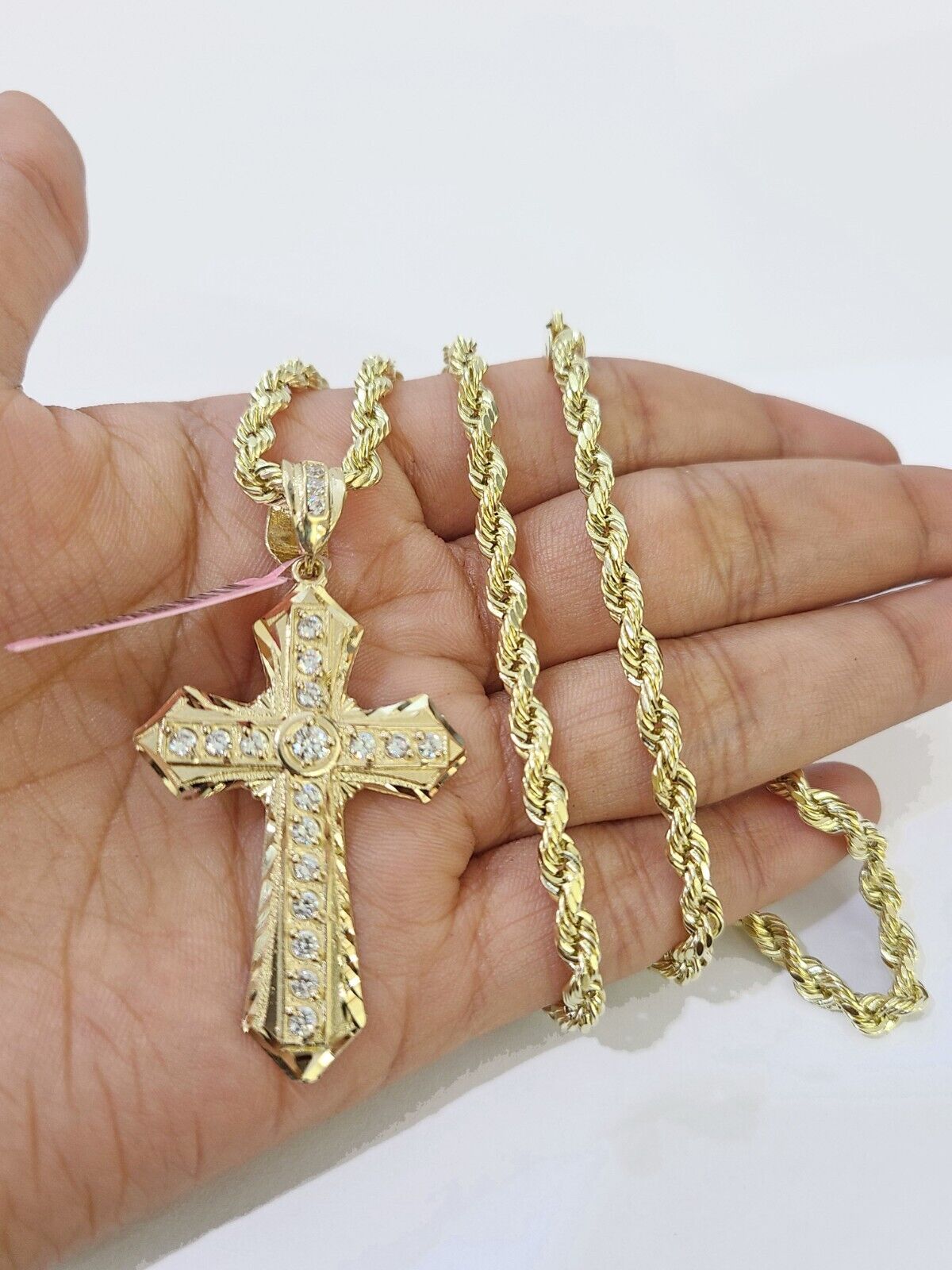 14k Yellow Gold Rope Chain & C-Z Cross Charm SET 5mm 24 Inch Necklace REAL