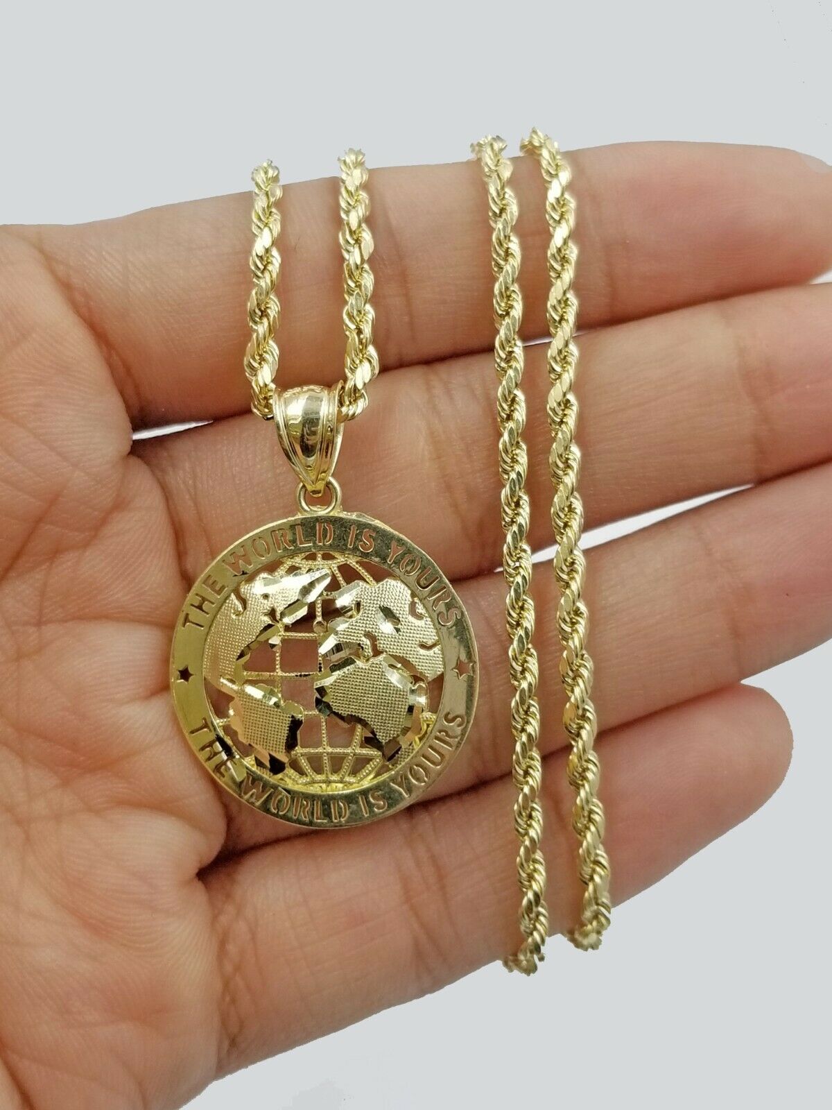 10k Gold Men Globe Diamond Cut Pendant 2.5mm Rope Chain 18 20 22 24 26 28 Inch